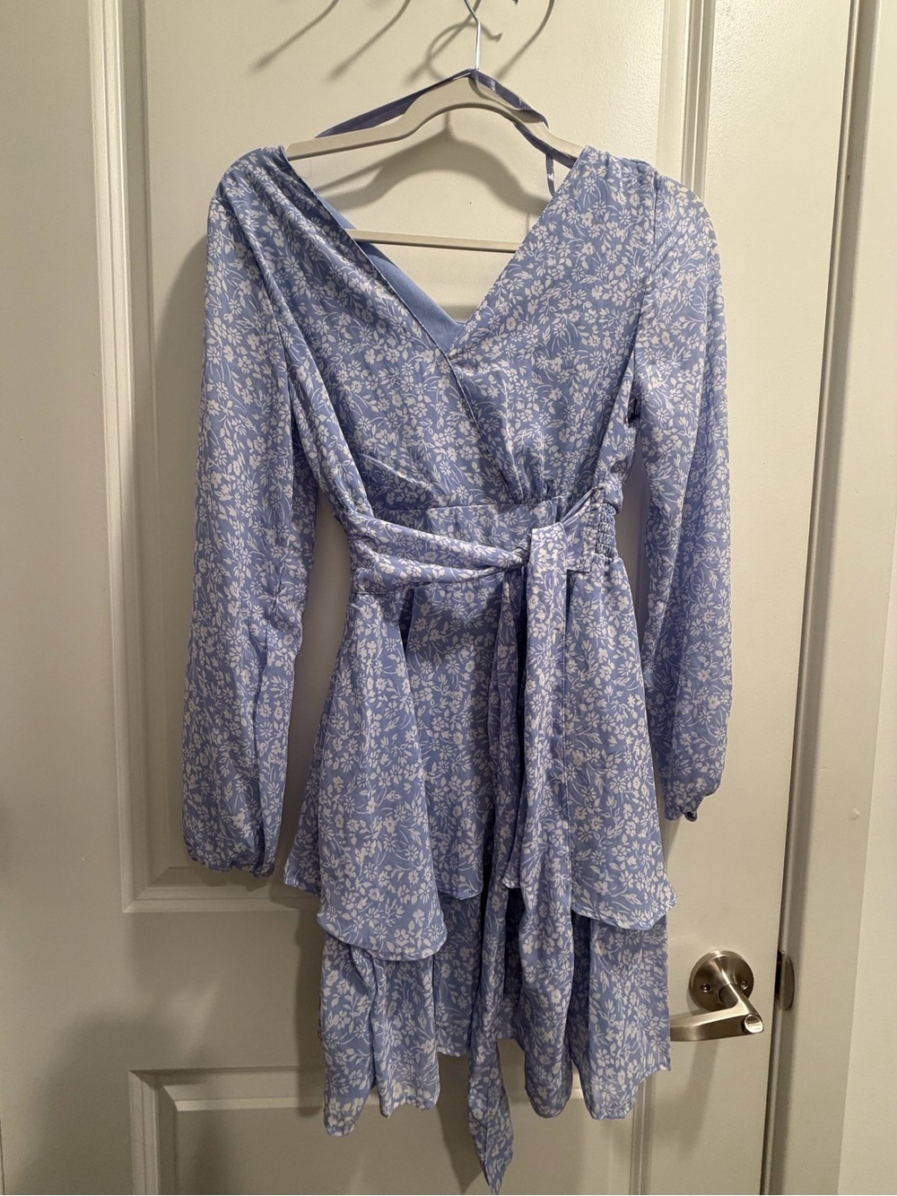Japna Pale Blue Floral Wrap Midi Dress with Tie Waist